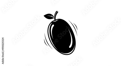 Black plum fruit icon with motion lines, isolated on white background, healthy food concept