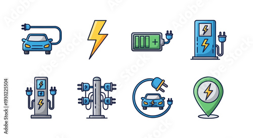 Colorful icon set for electric mobility featuring an EV car battery and charging station symbols.