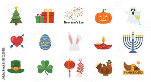 Collection of Holiday and Celebration Icons: Christmas New Year Halloween Easter Thanksgiving and More.