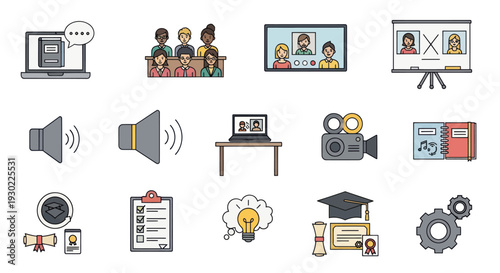 Colorful set of online education virtual meeting and digital communication technology icons.