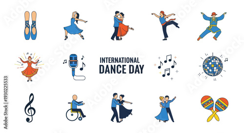 A colorful icon set celebrating International Dance Day with diverse dancers musical notes and a disco ball.