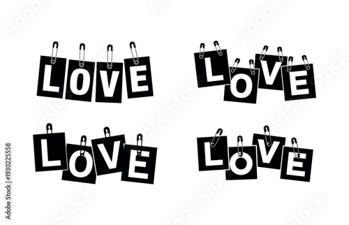 Black Word Love On White Square Cards Pinned By Safety Pins text