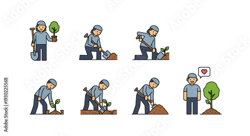 Gardener planting a tree in a sequence of actions.