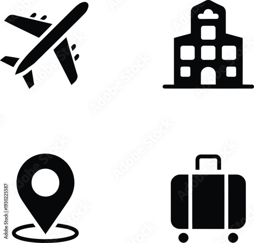 Travel and tourism concept with airplane, hotel, location pin, and luggage
