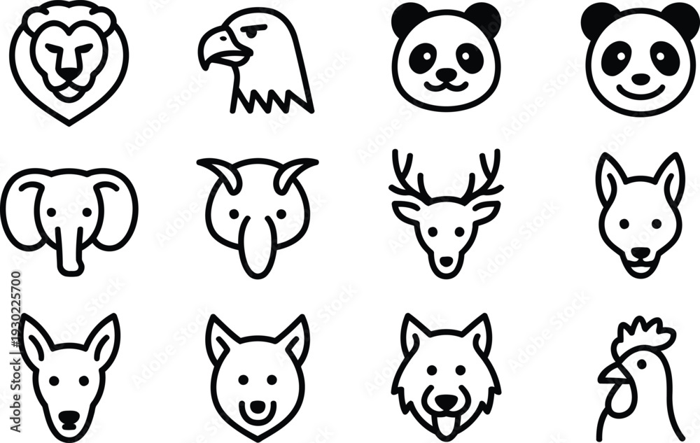 Obraz premium Set of twelve black outlined animal head icons on transparent background