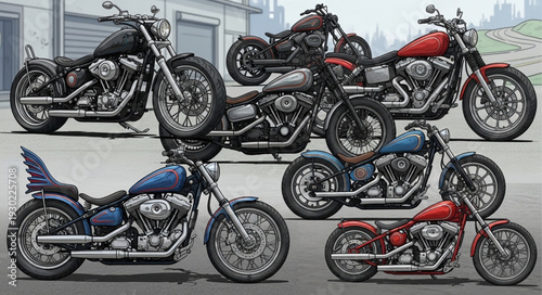 Collection of Custom Cruiser Motorcycles with Unique Designs.