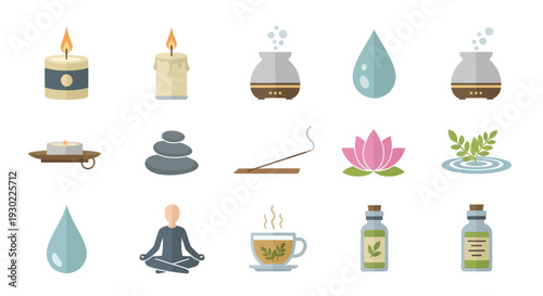 Flat Design Spa and Wellness Icons Set for Relaxation and Meditation.