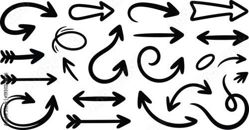 Set of black hand drawn arrows on transparent background