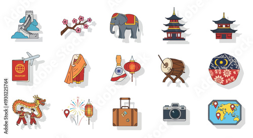 Collection of Asian Cultural Icons and Travel Symbols.