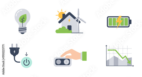 Set of Flat Design Icons Representing Green Energy and Sustainable Living.