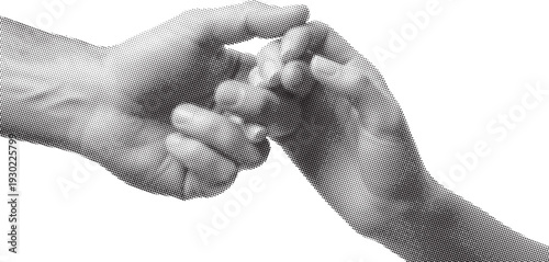 A striking black and white image depicts two hands almost touching symbolizing connection agreement or a fragile bond