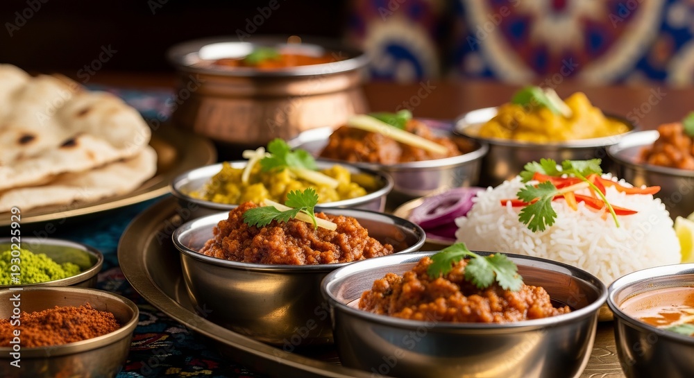 Fototapeta premium Abundant spread of flavorful Indian cuisine, rich with spices and garnishes, ready for sharing.
