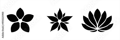 Set of three black flower icons on white background, abstract symbols