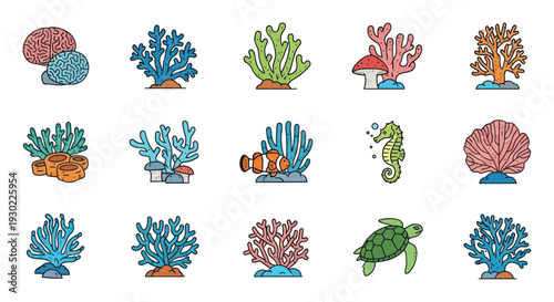 Colorful Cartoon Marine Life and Coral Reef Illustrations Set with Clownfish Seahorse and Sea Turtle.