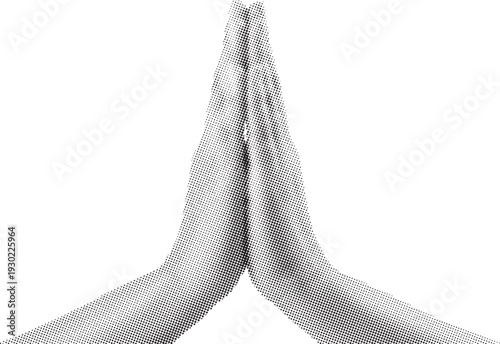 A striking black and white halftone image depicts two hands pressed together in a prayerful or meditative gesture