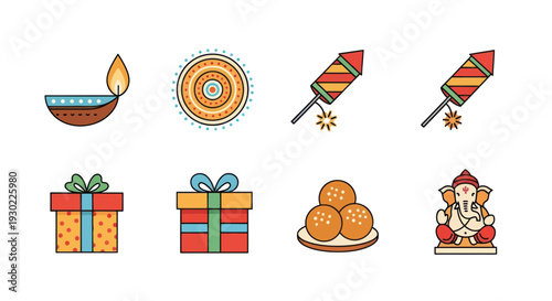 Colorful Diwali Festival Icons Set with Traditional Elements.