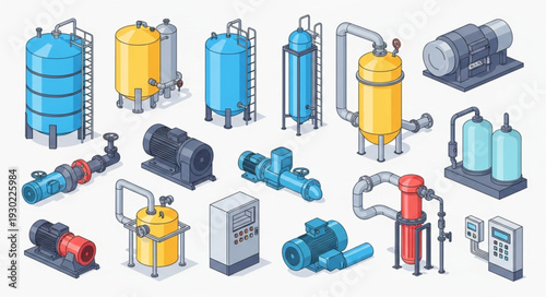 Industrial equipment collection isometric vector illustration.