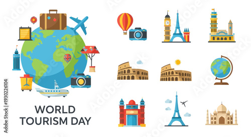 Colorful flat vector icon set for World Tourism Day featuring global landmarks and travel elements.