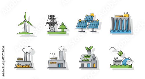 Diverse Energy Sources Icons: Wind Solar Nuclear Hydro Fossil Fuel and Green Power Generation.