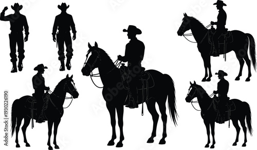 Black silhouettes of cowboys riding horses and standing white background