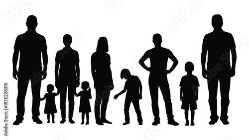 A family of eight people standing together isolated on white background, Vector