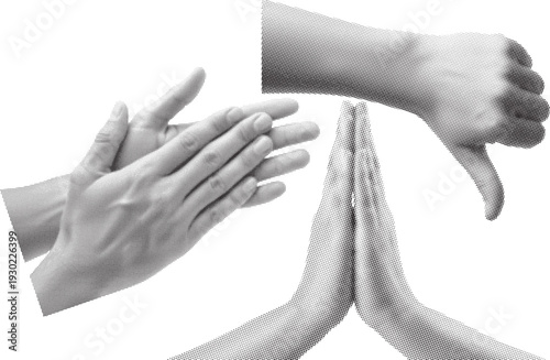A striking halftone image depicts two hands presenting opposing gestures a thumbs up and a downward facing thumb