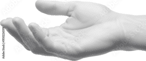 Halftone collage image of a hand in black and white