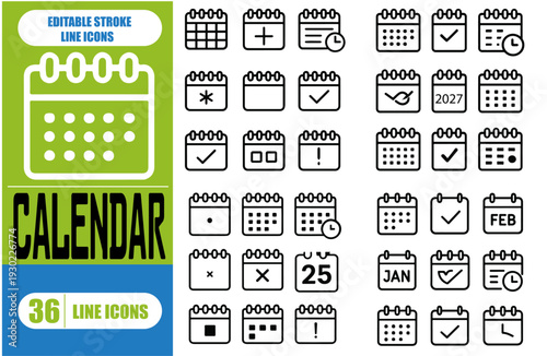 Minimal calendar and date line icons including schedule, event, deadline, reminder, planner, and time management. Editable stroke vector illustration.