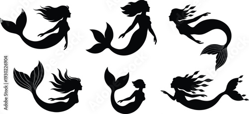 Black silhouettes of mermaids in various swimming poses white background