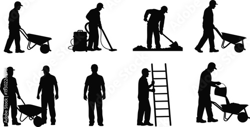 Construction worker silhouettes set, laborers with wheelbarrow ladder tools and equipment isolated on white background for building, repair, industrial design