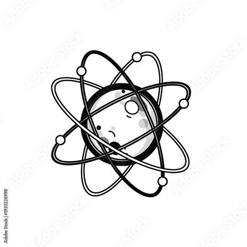 Atom science icon with orbital electron paths around nucleus in black and white outline, simple physics symbol illustration
