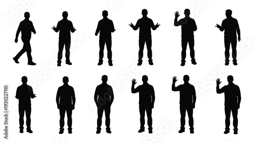 A group of black silhouettes of men in various poses isolated on white background, Vector