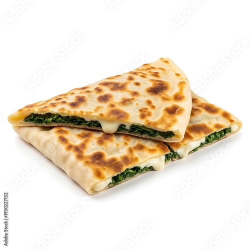 Illustration of delicious spinach and cheese quesadilla cut in half on white
