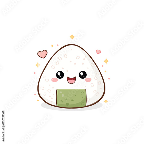 ute smiling onigiri illustration in kawaii style with soft pastel accents. Simple, adorable, and playful design perfect for food branding, stickers, children’s products, social media, and merchandise.