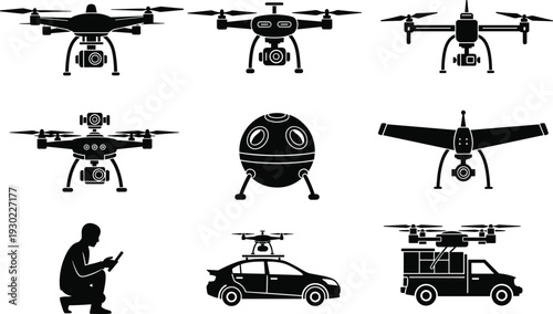 Drone icons set, quadcopter UAV surveillance aerial devices with camera and delivery isolated on white background for technology, mapping, security design
