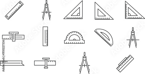 Geometry tools icons set, ruler compass protractor triangle scale instruments isolated on white background for education, engineering, drafting, measurement design