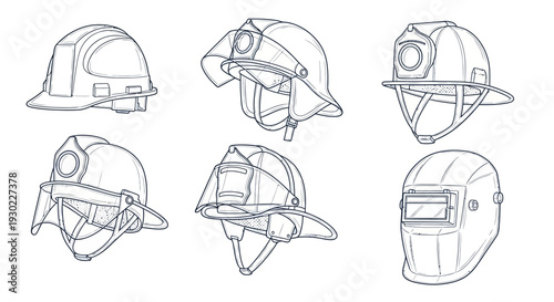 A set of six line art icons depicting various safety helmets and hard hats with different designs and features on a clean white background.