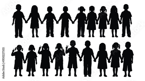 A group of people holding hands in two rows isolated on white background, Vector