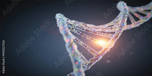 3D render of a glowing blue DNA molecule with light waves and a modern science technology design