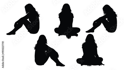 Silhouettes of people sitting in various positions isolated on white background, Vector