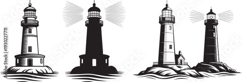Collection of four lighthouses on rocky shores with waves, different styles and lit beams