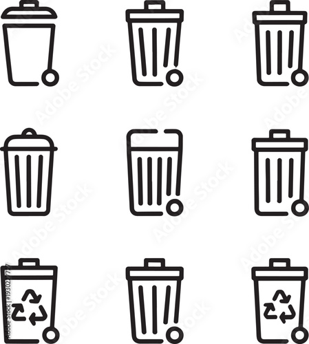 Collection of nine minimalist icons of trash cans and recycle bins in various styles