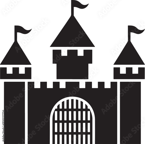 Stylized black silhouette of a medieval castle with towers and a gate, simple icon design