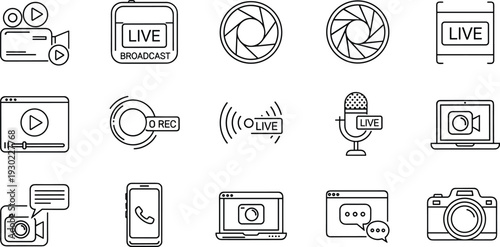 Live streaming icons set, video broadcast camera recording media symbols isolated on white background for social media, content creation, digital communication design