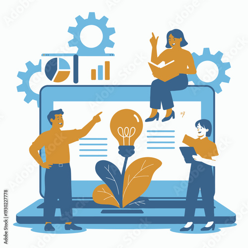 Team collaborating around a laptop, developing a new idea represented by a glowing lightbulb plant.