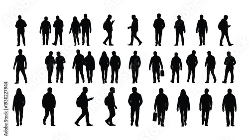 Collection of people silhouettes in various poses and outfits isolated on white background, Vector