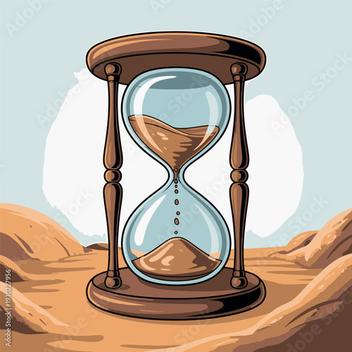 Desert Sands Hourglass: A Vintage Illustration of Time Passing in a Barren Landscape, Symbolizing Urgency