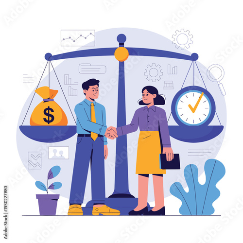 Business agreement and partnership success: handshake symbolizes deal, scales weigh money and time