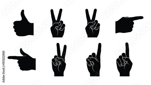 A collection of hand signs and gestures in black silhouette on a white background isolated on white background, Vector