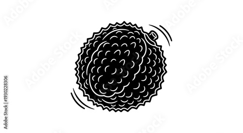 Black and white illustration of a lychee fruit with a textured rind and subtle motion lines.